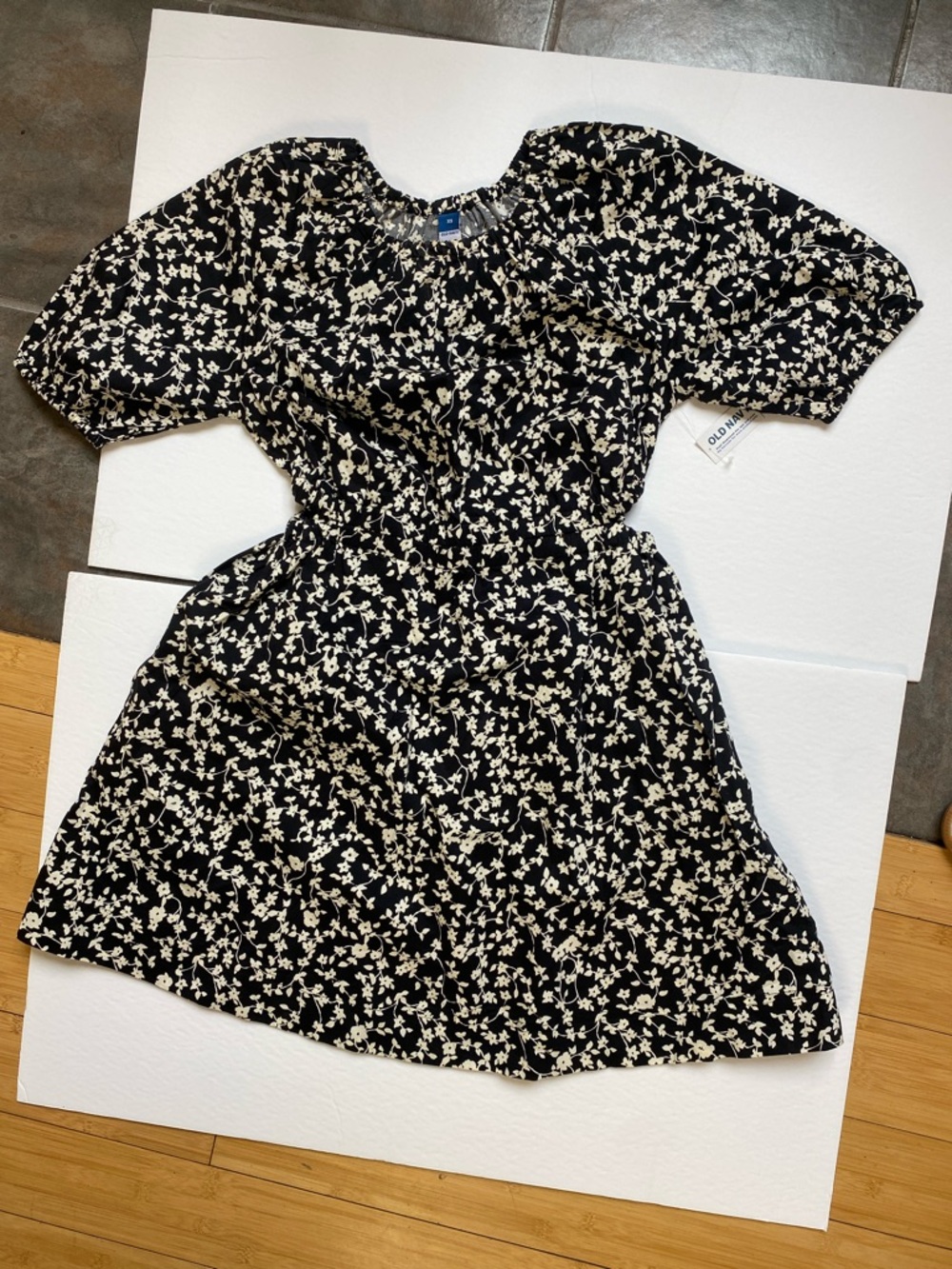 Old Navy Black Dress with Cream Floral Pattern